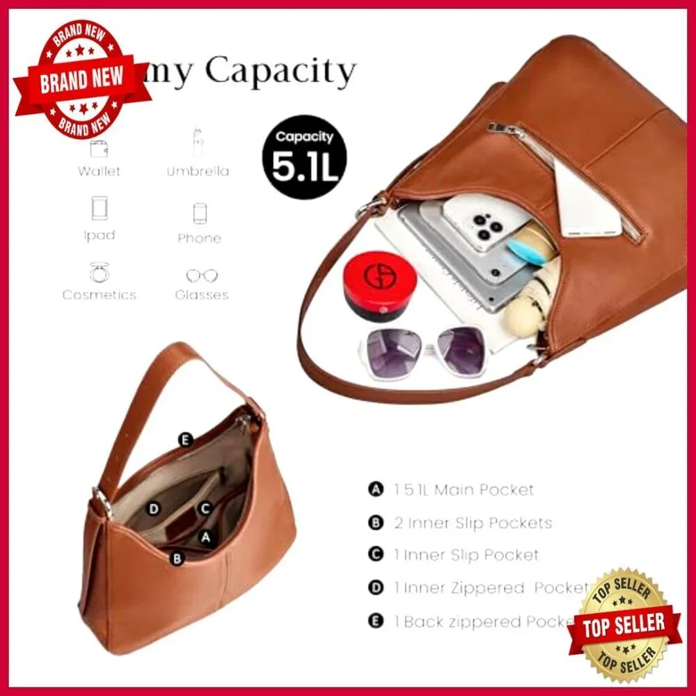 Genuine Leather Hobo Shoulder Bag Adjustable Strap Medium Size